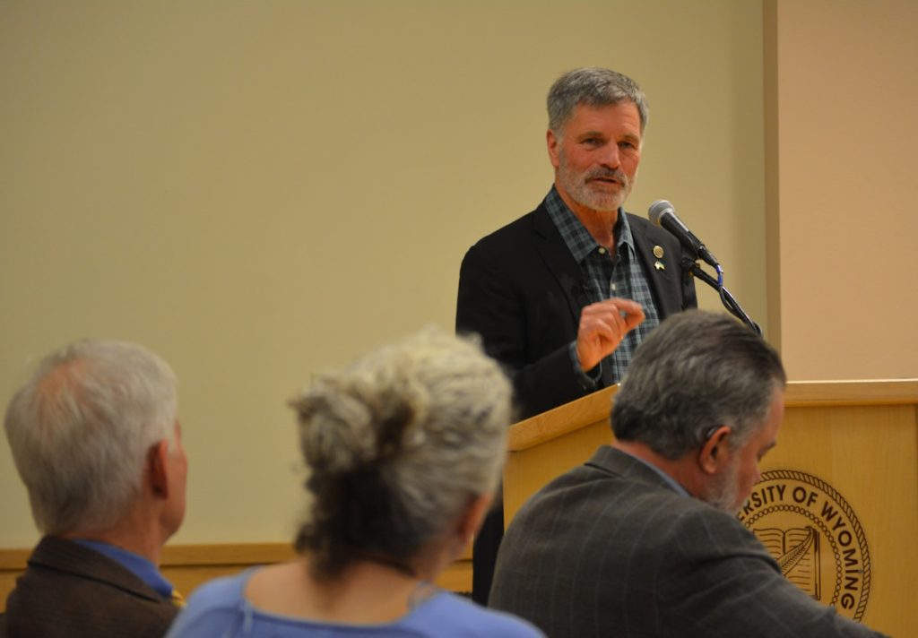 Wyoming Gov. Mark Gordon addresses attendees of an earlier Wyoming Blockchain Stampede at the University of Wyoming.