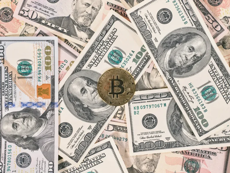 Bitcoin coin resting on a background of various US dollar bills, symbolizing the contrast between traditional and digital cur