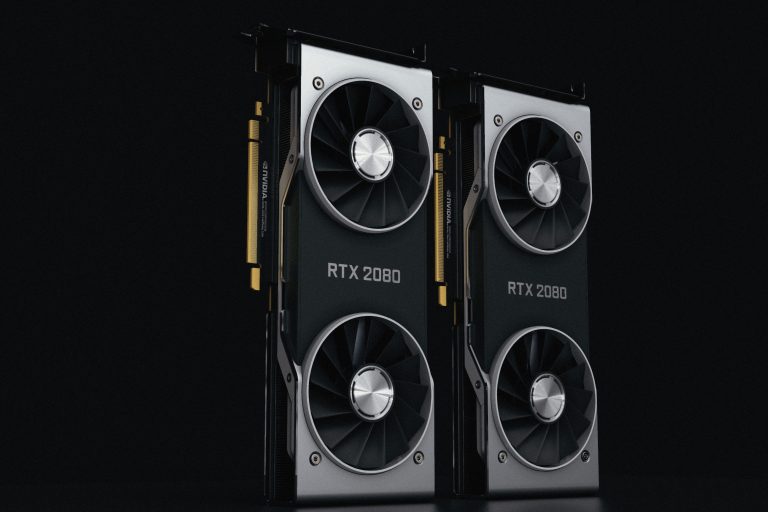 Close-up of two NVIDIA RTX 2080 graphics cards with dual fans, high-performance hardware