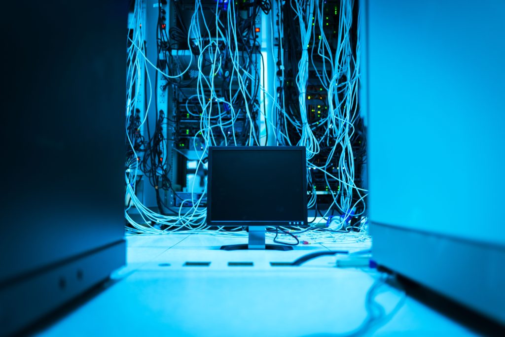 Computer equipment and connected cables in a server room